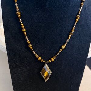 Chic Brown Beaded Necklace with Geometric Pendant | 18” | New